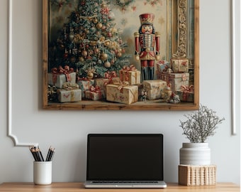 Vintage Christmas Nutcracker and Tree - Classic Holiday Scene Oil Painting, Festive Cottagecore Decor, Printable Wall Art, Whimsical 11