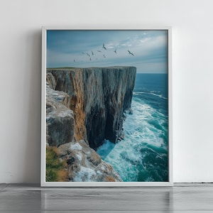 Dramatic Coastal Cliff Wall Art Print Ocean Waves and Seabirds Landscape Digital Download for Beach House or Nature-Inspired Decor 140