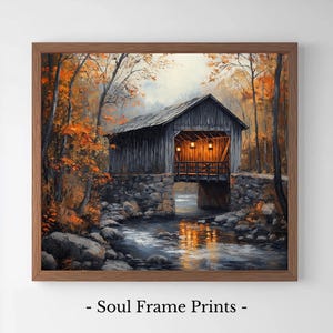 Rustic Autumn Covered Bridge Painting - Printable Wall Art, Vintage Creek Scene, Fall Cottagecore Decor, Digital Landscape Print 105