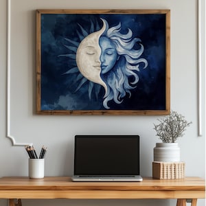 Sun And Moon Wall Art Printable Celestial Feminine Face Art Navy Blue Digital Download Boho Spiritual Poster Dreamy Night Sky Decor 5