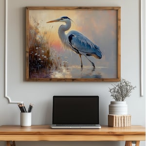 Printable Great Blue Heron Wall Art Marsh Bird Painting Nature Wildlife Decor Sunset Wetlands Digital Download Elegant Wading Bird Print 65