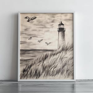 Lighthouse Pencil Sketch Wall Art Coastal Wall Art, Pencil Drawing, Seaside Decor, Nautical Landscape Art, Cottagecore Style Print 346