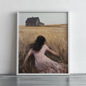 Rustic Farmhouse Wall Art, Faded Pink Dress, Printable Cottagecore Wall Decor, Countryside Realist Painting of Woman in Pink 266