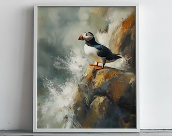Puffin Coastal Wall Art Digital Download Nordic Seabird Print Cliff Ocean Landscape Watercolor Style Bird Lover Gift Printable Decor 386