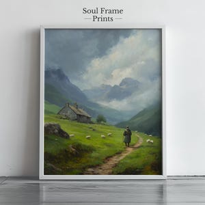 Scottish Highlands Wall Art Vintage Landscape Print Highlander Painting Cottage and Sheep Decor Celtic Mountain Scene Digital Download 406