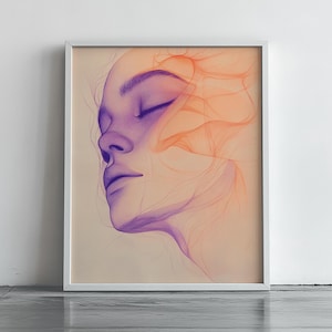 abstract female face wall art, modern woman line drawing print, orange purple minimalist decor, love digital download, boho chic poster 175