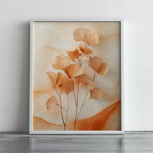 minimalist ginkgo leaf wall art, soft amber botanical print, neutral aesthetic decor for bedroom, boho abstract nature wall hanging 170
