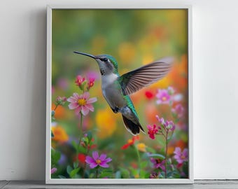 hummingbird digital print, floral garden wall art download, vibrant spring nature decor, whimsical bird photography poster 185