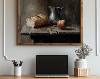 Rustic Still Life Painting - Vintage Bread and Apple Art, 17th Century Style Decor, Printable Rustic Wall Art, Classic Table Setting 17