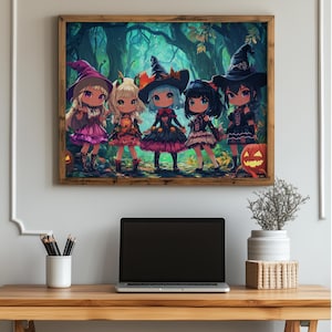 Chibi Witch Group Painting - Cute Halloween Characters, Anime Wall Art, Spooky Forest Scene Printable, Whimsical Decor, Digital Art 76