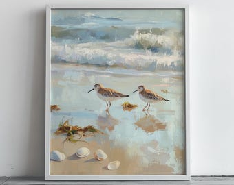 Sandpiper Beach Print Coastal Wall Art Digital Download Ocean Shore Birds Seaside Shells Nature Painting Watercolor Style Home Decor 385