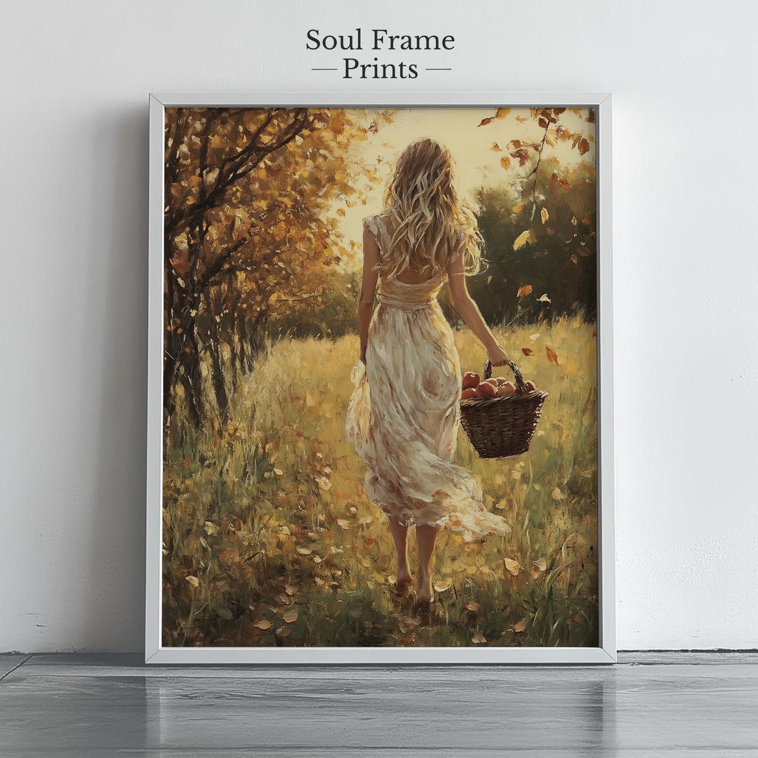 秋の収穫の壁アート 畑の女性 秋のリンゴの絵画 素朴な農家のプリント