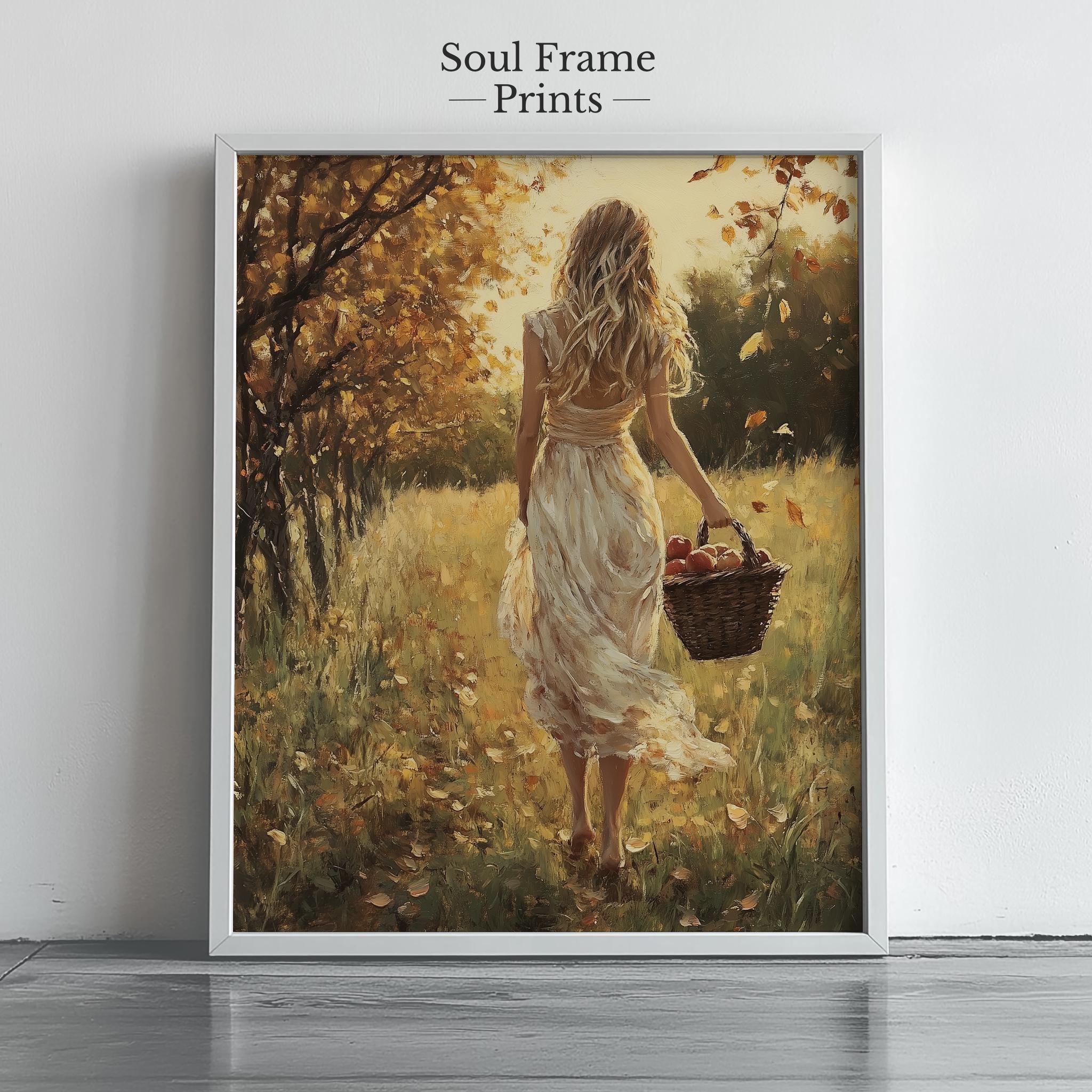 秋の収穫の壁アート 畑の女性 秋のリンゴの絵画 素朴な農家のプリント