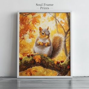 Printable Autumn Squirrel Wall Art Fall Woodland Animal Decor Cute Forest Critter with Acorns Digital Download Cozy Nursery or Cabin Art 448