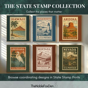 May include: A collection of six rectangular wall art prints featuring vintage-style postage stamp designs for Hawaii, Massachusetts, Arizona, Louisiana, Montana, and Nevada. Each print displays state-specific imagery, U.S. Postage text, and denominations.