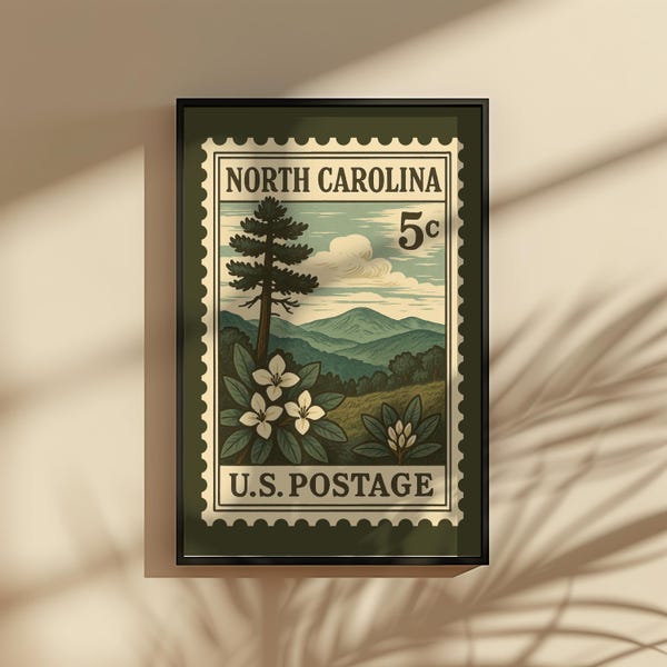 North Carolina Postage Stamp Print | US State Travel Poster | Retro Blue Ridge Mountains Wall Art | NC Home Decor Gift