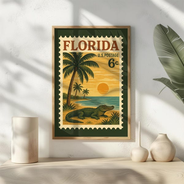 State Stamp Collection: Florida | Southeast | Vintage-Inspired Postage Stamp Print | Alligator Sunset Beach