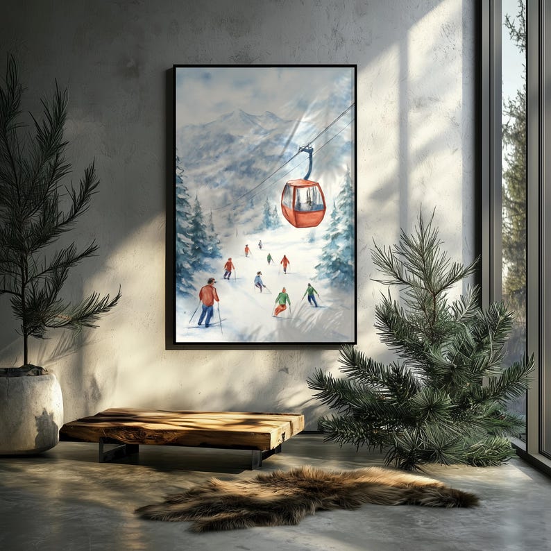 Colorado Winter Skiing Gondola Watercolor Wall Art Print | Seasonal ...