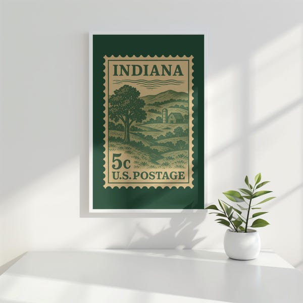 Indiana Zustand Briefmarke Druck | Vintage Style US Briefmarke Wand Kunst | Mid-Century Bauernhof Landschaft Poster | Retro IN Dekor