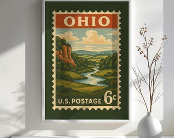 State Stamp Collection: Ohio | Great Lakes | Vintage-Inspired Postage Stamp Print | Midwest Bluffs