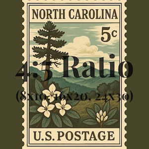 May include: A rectangular postage stamp graphic featuring the text NORTH CAROLINA and U.S. POSTAGE with a 5c denomination. The illustration depicts a tall pine tree, mountain ranges, and white rhododendron flowers against a light blue sky.