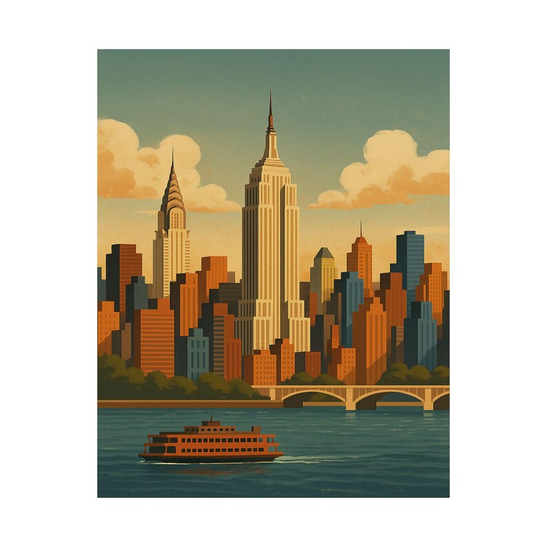 New York City Retro Travel Poster Print | NYC Skyline Wall Art ...