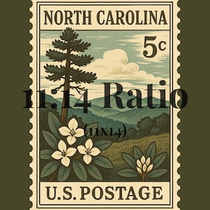 May include: A rectangular postage stamp graphic featuring the text NORTH CAROLINA and U.S. POSTAGE with a 5c denomination. The illustration depicts a tall pine tree, white rhododendron flowers, and rolling mountain hills under a cloudy sky.