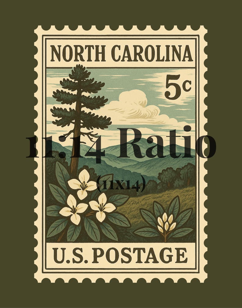 May include: A rectangular postage stamp graphic featuring the text NORTH CAROLINA and U.S. POSTAGE with a 5c denomination. The illustration depicts a tall pine tree, white rhododendron flowers, and rolling mountain hills under a cloudy sky.