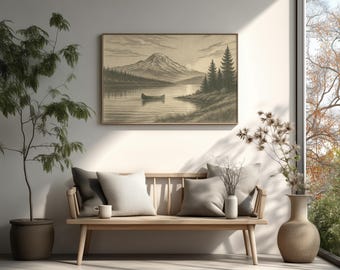 Engraved Mountain Lake Sunrise Wall Art | Vintage Intaglio Style Canoe Scene Print | Neutral Color Rustic Cabin Home Decor