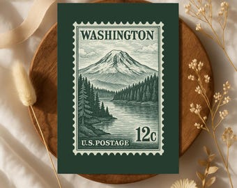 Washington Notecard Set | Green Vintage Style Mountain Lake State Stationery | 10 or 30 Flat Cards with Envelopes | No Text Design