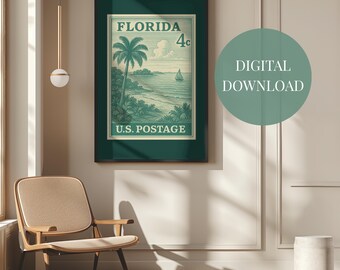 May include: A framed vintage Florida postage stamp print. The artwork features a coastal scene with palm trees, a sailboat, and the text "FLORIDA 4c U.S. POSTAGE." The print is in a dark green frame, with a digital download label.