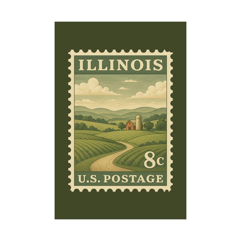 Rustic Stamps Illinois Postage Stamp Art Print | Vintage Midwest Farm Landscape ...
