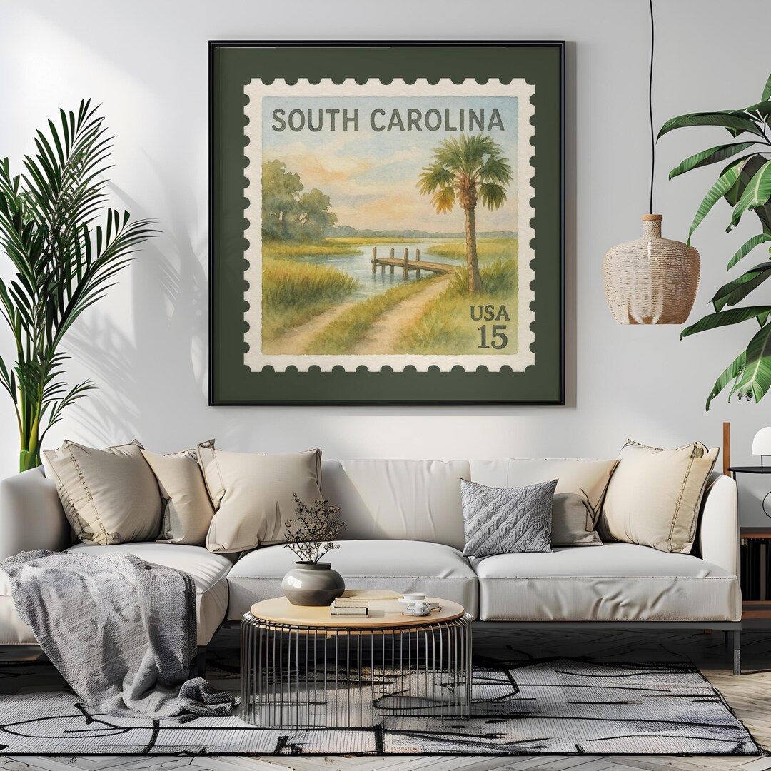 South Carolina State Postage Stamp Wall Art | Square Vintage Watercolor ...