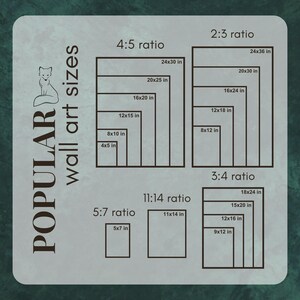 May include: A light gray graphic showing popular wall art sizes in various ratios, including 4:5, 2:3, 3:4, 5:7, and 11:14. Each ratio displays several rectangular sizes in inches, such as 24x30 in, 20x25 in, and 16x20 in.
