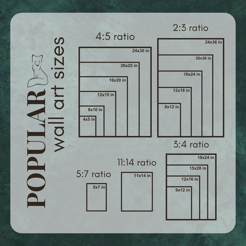 May include: A light gray graphic showing popular wall art sizes in various ratios, including 4:5, 2:3, 3:4, 5:7, and 11:14. Each ratio displays several rectangular sizes in inches, such as 24x30 in, 20x25 in, and 16x20 in.