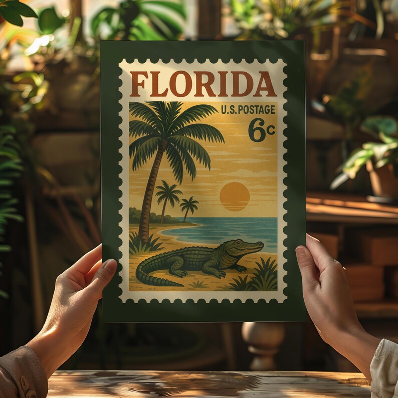 May include: A vintage-style print featuring a Florida postage stamp design. The artwork showcases a beach scene with palm trees, an alligator, and the text "FLORIDA U.S. POSTAGE 6&cent;". The print has a dark green border.