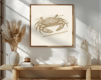 Neutral Crab Wall Art | Sepia Crab Illustration Print | Coastal Kitchen Wall Decor | Square Animal Print for Beach House or Bathroom Decor