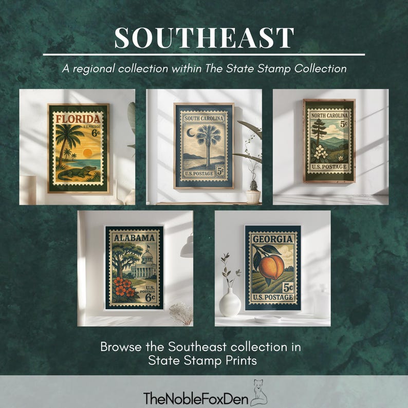 May include: A collection of five framed art prints featuring vintage-style postage stamps for Florida, South Carolina, North Carolina, Alabama, and Georgia. The text reads SOUTHEAST, A regional collection within The State Stamp Collection.