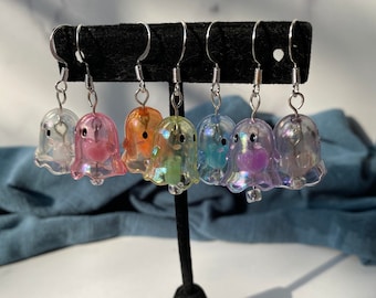 Acrylic Blushing Iridescent Multicolor Ghosts with Hearts Dangle Earrings