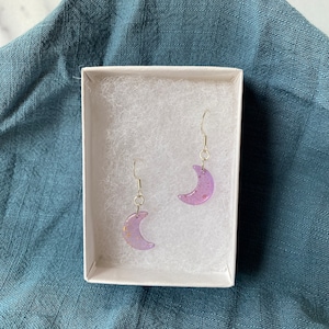 Mini Crystal Glass Purple with Gold Specks Crescent Moon Dangle Earrings