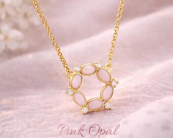 Rosa Opal Blumenkranz Halskette, 925 Sterling Silber Frauen Anhänger, Geschenk für sie.