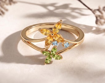 Bloemenring met meerdere edelstenen, citrien peridot blauwe topaas sieraden, 14K vergulde bloemenring,