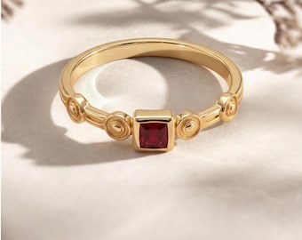 Red Carnelian Ring,Square Stone Solitaire,14K Gold Plated,Textured band Ring,