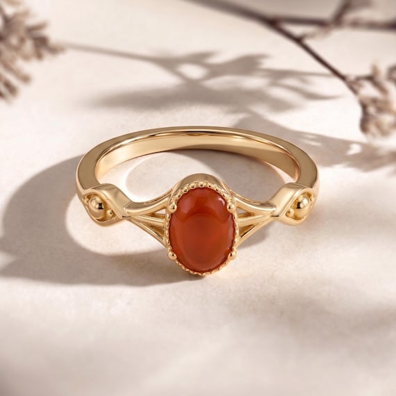 Red Carnelian Ring,14K Gold Plated, Oval Orange Gemstone Ring,Vintage Inspired  Jewelry