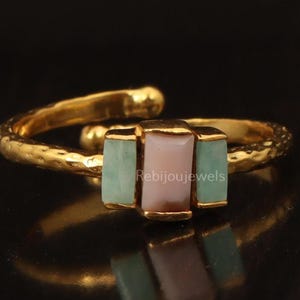 Pink Opal Amazonite Ring, 18k Gold Plated, Rectangle Shape Gemstone Jewelry, Engagement  Ring