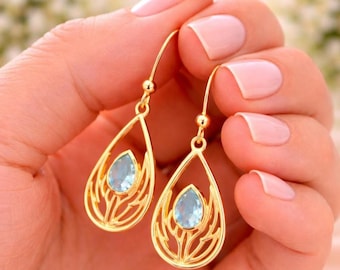 Blue Aquamarine Teardrop Earrings, Minimal Leaf Design Dangle Earrings, Elegant Drop Jewelry,