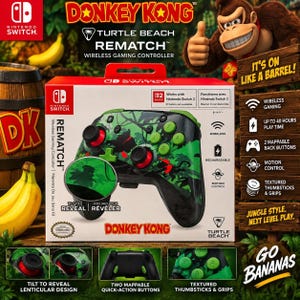 May include: A Donkey Kong themed Turtle Beach Rematch wireless gaming controller for Nintendo Switch in a retail box. The controller features a green jungle pattern, red accents, and green buttons. The packaging displays product features.