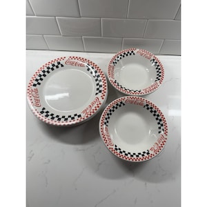 Coca Cola Gibson Racing Red & Black Checkered Dinner Plates  Bowls Set Of 4