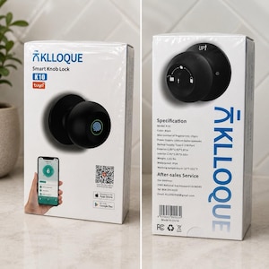 Puede incluir: Una caja de producto blanca para una cerradura de pomo inteligente KLLOQUE modelo K10. El frente muestra un pomo de puerta redondo negro con escáner de huellas dactilares, un teléfono inteligente con la interfaz de la aplicación y un código QR.