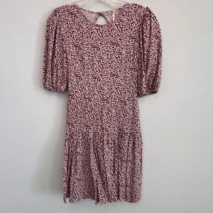 Free People XS Red White Floral Open Back Puff Sleeve Mini Dress Viscose Womens image 1
